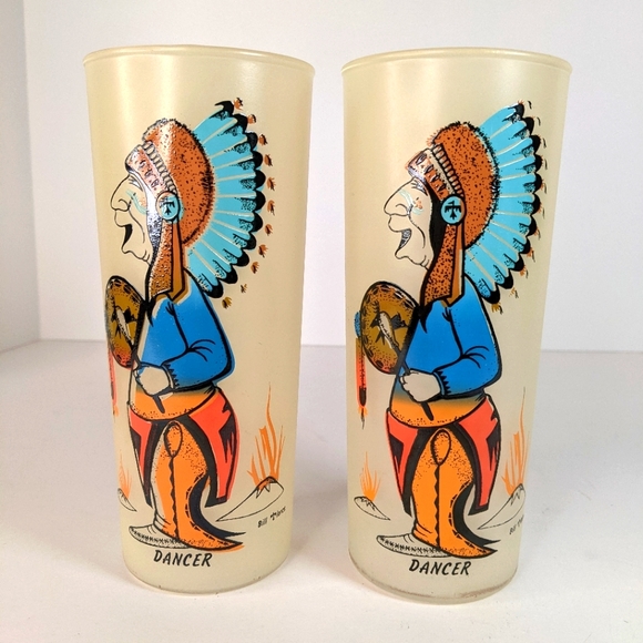 Vintage 1950s Bill T. Lores Indian Dancer Frosted Tumbler Set of (2) (Set #3)